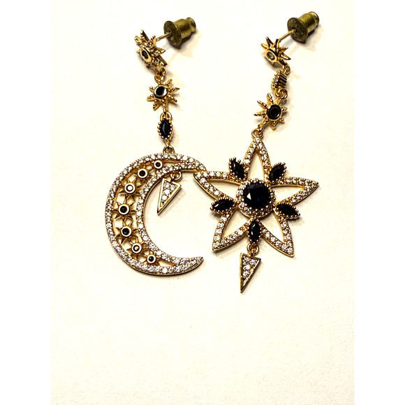 Star and Moon Eye Candy LA Luxe Collection 18K Gold Plated CZ Drop Earrings - Picture 4 of 6